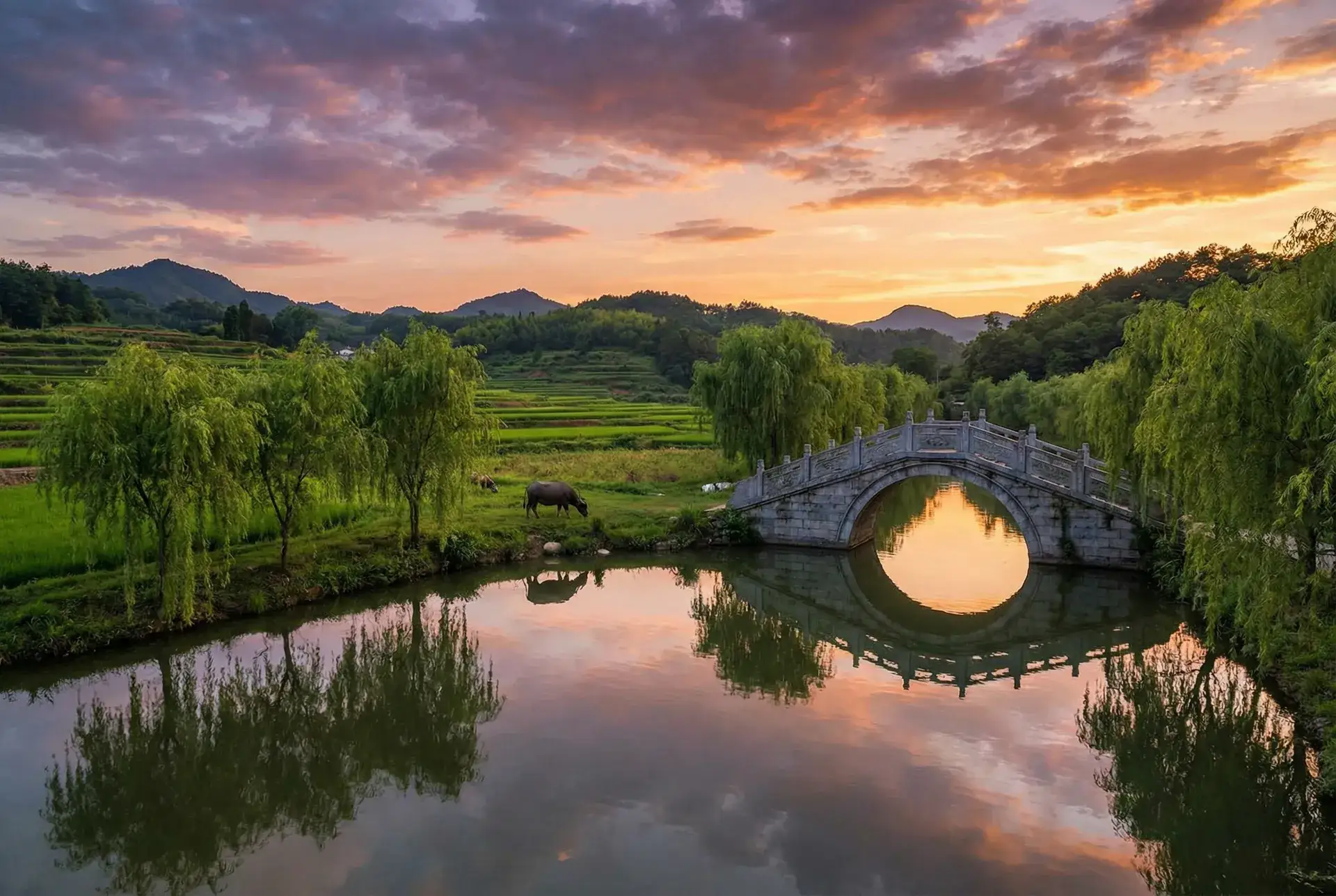 夕阳下的石拱桥与垂柳，水牛在河边吃草 - 经典gba游戏 乡村美景